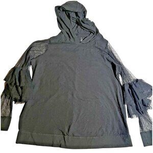 LIVI Lane Bryant Hoodie Womens 14/16 Black Mesh Dot Ruffle Sleeve Pullover Top